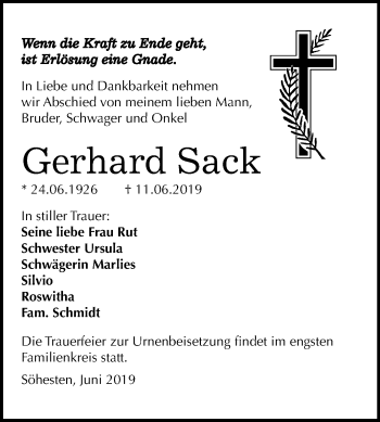 Traueranzeige von Gerhard Sack von Mitteldeutsche Zeitung Weißenfels