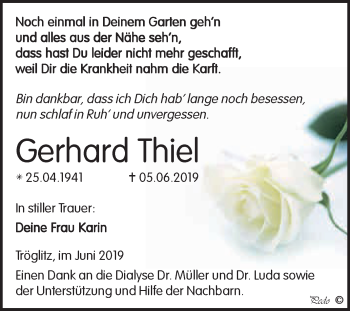 Traueranzeige von Gerhard Thiel von WVG - Wochenspiegel NMB / WSF / ZTZ