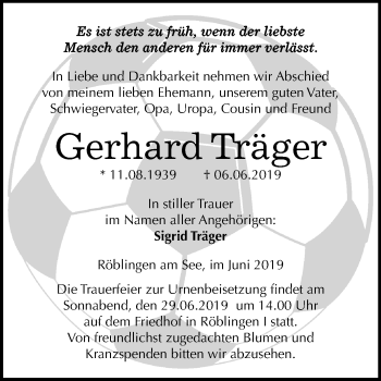Traueranzeige von Gerhard Träger von Mitteldeutsche Zeitung Mansfelder Land
