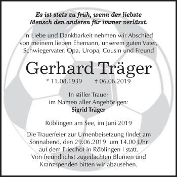 Traueranzeige von Gerhard Träger von Wochenspiegel Mansfelder Land