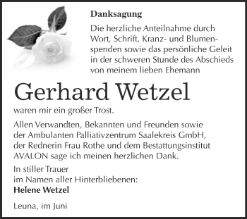 Traueranzeige von Gerhard Wetzel von WVG - Wochenspiegel Merseburg