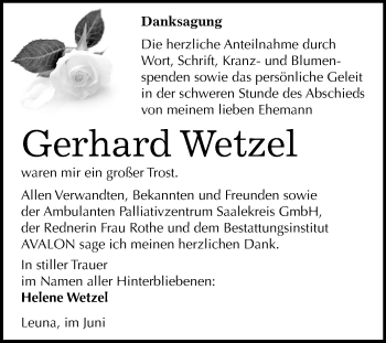 Traueranzeige von Gerhard Wetzel von Mitteldeutsche Zeitung Merseburg/Querfurt