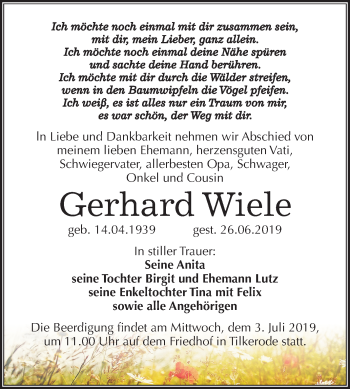 Traueranzeige von Gerhard Wiele von Mitteldeutsche Zeitung