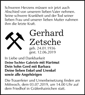 Traueranzeige von Gerhard Zetsche von WVG - Wochenspiegel Wittenberg