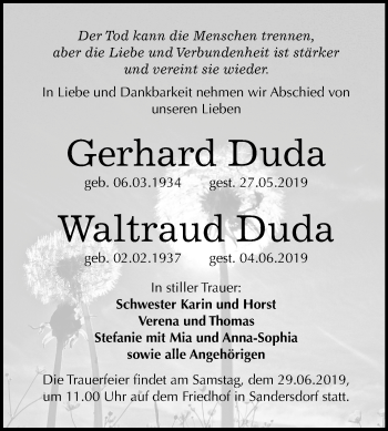 Traueranzeige von Gerhard und Waltraud Duda von Mitteldeutsche Zeitung Bitterfeld