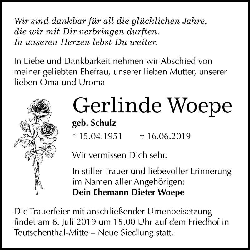  Traueranzeige für Gerlinde Woepe vom 29.06.2019 aus Mitteldeutsche Zeitung Halle/Saalkreis