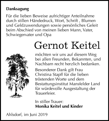 Traueranzeige von Gernot Keitel von Wochenspiegel Mansfelder Land
