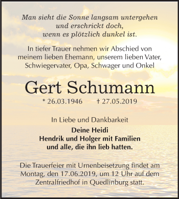 Traueranzeige von Gert Schumann von Mitteldeutsche Zeitung Quedlinburg