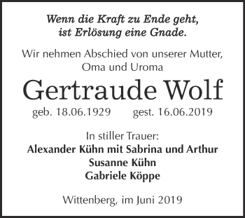 Traueranzeige von Gertraude Wolf von WVG - Wochenspiegel Wittenberg