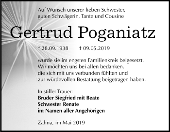 Traueranzeige von Gertrud Poganiatz von Mitteldeutsche Zeitung