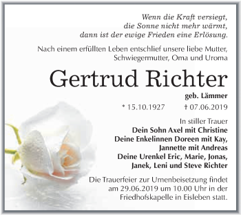 Traueranzeige von Gertrud Richter von Wochenspiegel Mansfelder Land