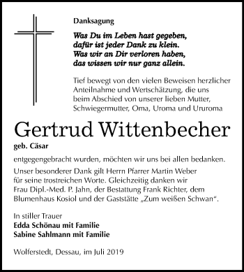 Traueranzeige von Gertrud Wittenbecher von Mitteldeutsche Zeitung Sangerhausen