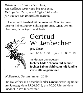 Traueranzeige von Gertrud Wittenberger von Mitteldeutsche Zeitung Sangerhausen