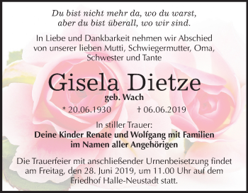 Traueranzeige von Gisela Dietze von Mitteldeutsche Zeitung Halle/Saalkreis