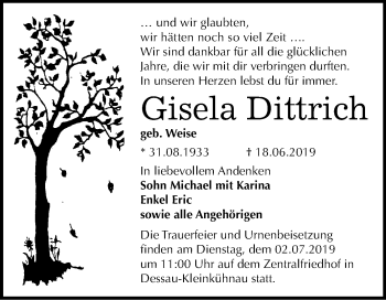 Traueranzeige von Gisela Dittrich von Mitteldeutsche Zeitung