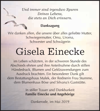 Traueranzeige von Gisela Einecke von WVG - Wochenspiegel Quedlinburg