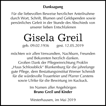 Traueranzeige von Gisela Greil von Mitteldeutsche Zeitung