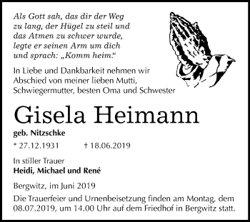 Traueranzeige von Gisela Heimann von Mitteldeutsche Zeitung