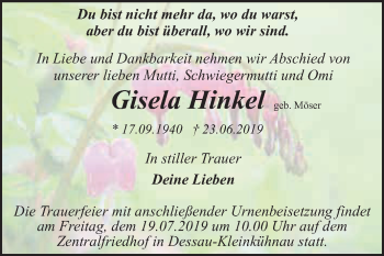 Traueranzeige von Gisela Hinkel von WVG - Wochenspiegel Dessau / Köthen