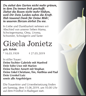 Traueranzeige von Gisela Joniet von Mitteldeutsche Zeitung