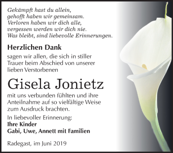 Traueranzeige von Gisela Jonietz von Mitteldeutsche Zeitung Köthen