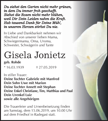 Traueranzeige von Gisela Jonietz von WVG - Wochenspiegel Dessau / Köthen