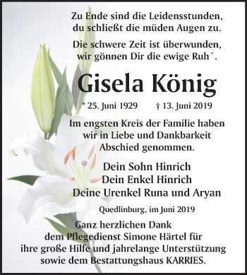 Traueranzeige von Gisela König von Mitteldeutsche Zeitung Quedlinburg