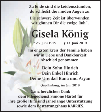 Traueranzeige von Gisela König von WVG - Wochenspiegel Quedlinburg
