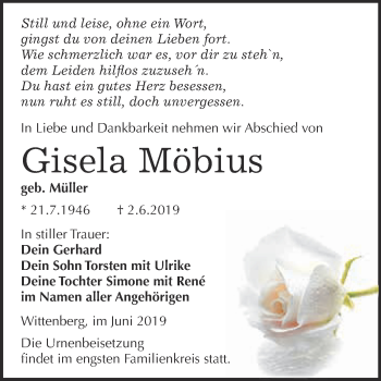 Traueranzeige von Gisela Möbius von Super Sonntag Wittenberg