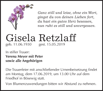 Traueranzeige von Gisela Retzlaff von Mitteldeutsche Zeitung