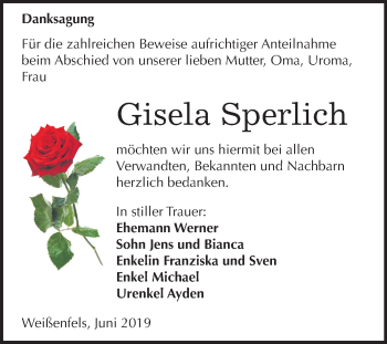Traueranzeige von Gisela Sperlich von Mitteldeutsche Zeitung Weißenfels