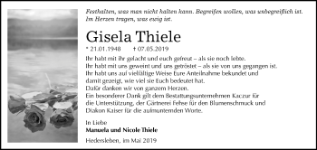 Traueranzeige von Gisela Thiele von Mitteldeutsche Zeitung Quedlinburg