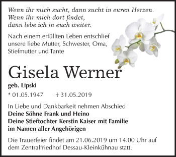 Traueranzeige von Gisela Werner von Mitteldeutsche Zeitung Dessau-Roßlau