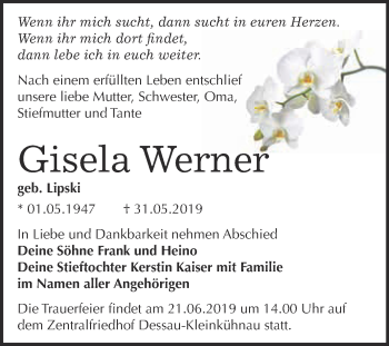 Traueranzeige von Gisela Werner von WVG - Wochenspiegel Dessau / Köthen