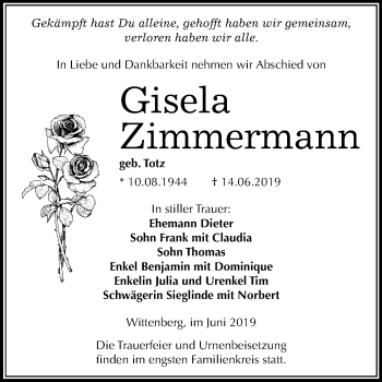 Traueranzeige von Gisela Zimmermann von Mitteldeutsche Zeitung