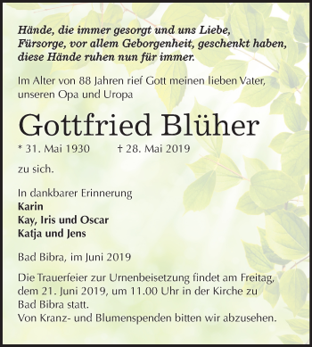 Traueranzeige von Gottfried Blüher von Mitteldeutsche Zeitung