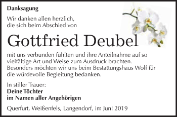 Traueranzeige von Gottfried Deubel von WVG - Wochenspiegel NMB / WSF / ZTZ