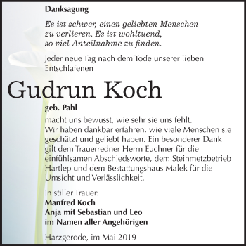 Traueranzeige von Gudrun Koch von Mitteldeutsche Zeitung Quedlinburg