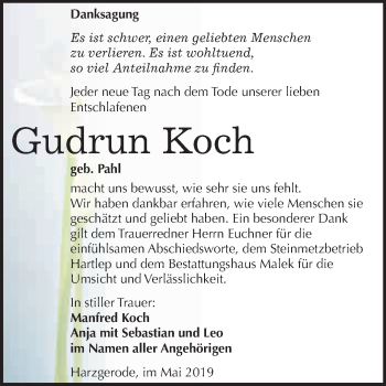 Traueranzeige von Gudrun Koch von WVG - Wochenspiegel Quedlinburg