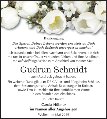 Traueranzeige von Gudrun Schmidt von Mitteldeutsche Zeitung Bitterfeld