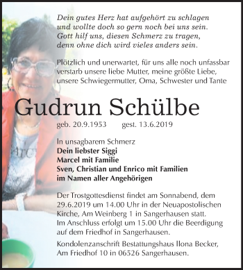 Traueranzeige von Gudrun Schülbe von Mitteldeutsche Zeitung
