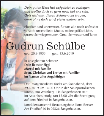 Traueranzeige von Gudrun Schülbe von Super Sonntag SGH Mansf. Land