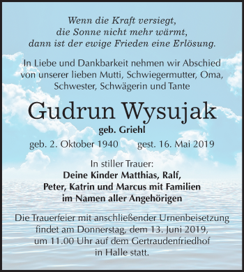 Traueranzeige von Gudrun Wysujak von Mitteldeutsche Zeitung Halle/Saalkreis