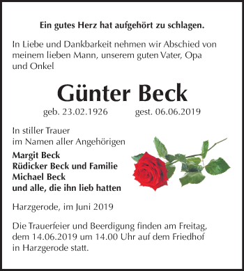Traueranzeige von Günter Beck von Mitteldeutsche Zeitung Quedlinburg