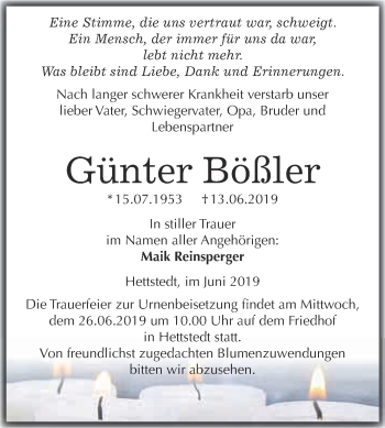 Traueranzeige von Günter Bößler von Super Sonntag SGH Mansf. Land