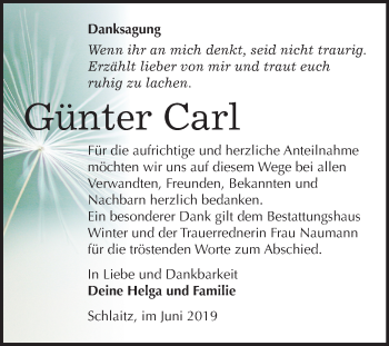 Traueranzeige von Günter Carl von Mitteldeutsche Zeitung Bitterfeld