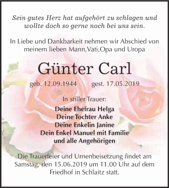 Traueranzeige von Günter Carl von WVG - Wochenspiegel Bitterfeld