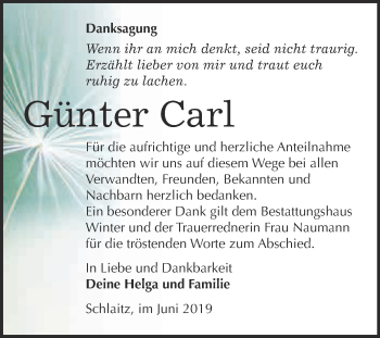 Traueranzeige von Günter Carl von WVG - Wochenspiegel Bitterfeld