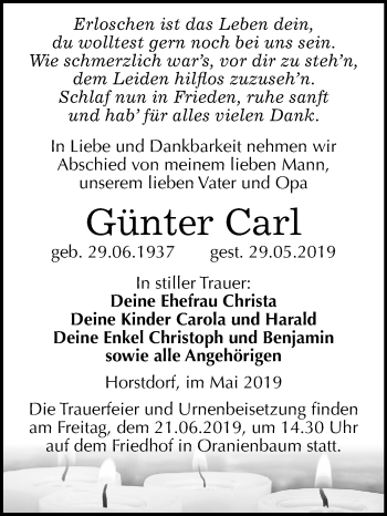 Traueranzeige von Günter Carl von Mitteldeutsche Zeitung