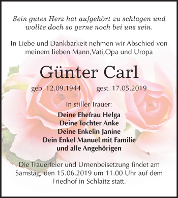 Traueranzeige von Günter Carl von Mitteldeutsche Zeitung Bitterfeld